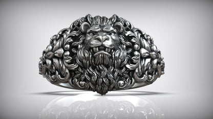 Gental Gems by Karat Kings | Unique Designed Lion Head Ring with Royal Fleur De Lis |  Sterling Silver Oxidized Ring