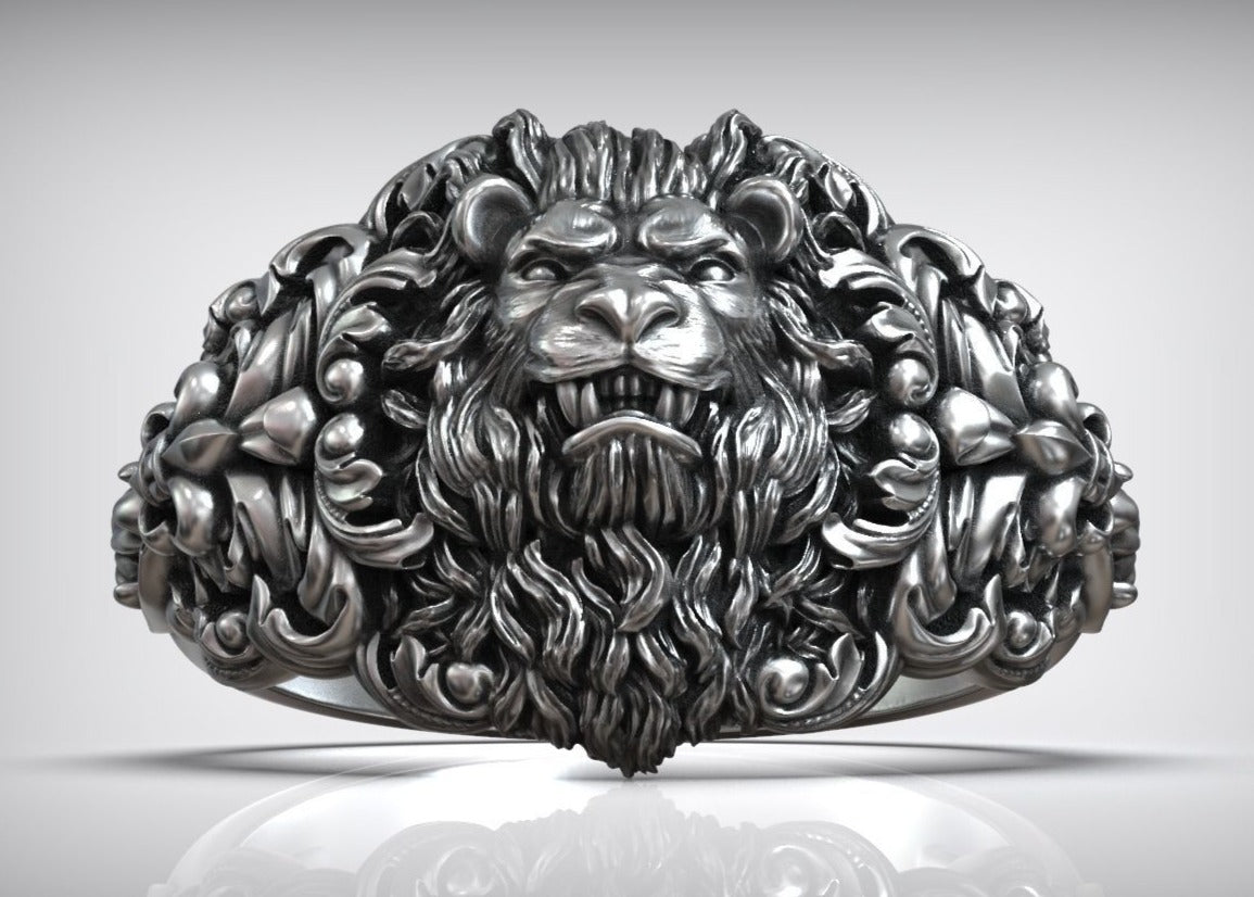 Gental Gems by Karat Kings | Unique Designed Lion Head Ring with Royal Fleur De Lis |  Sterling Silver Oxidized Ring
