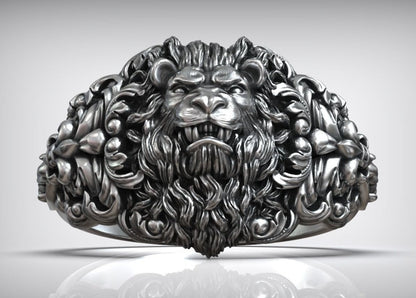 Gental Gems by Karat Kings | Unique Designed Lion Head Ring with Royal Fleur De Lis |  Sterling Silver Oxidized Ring