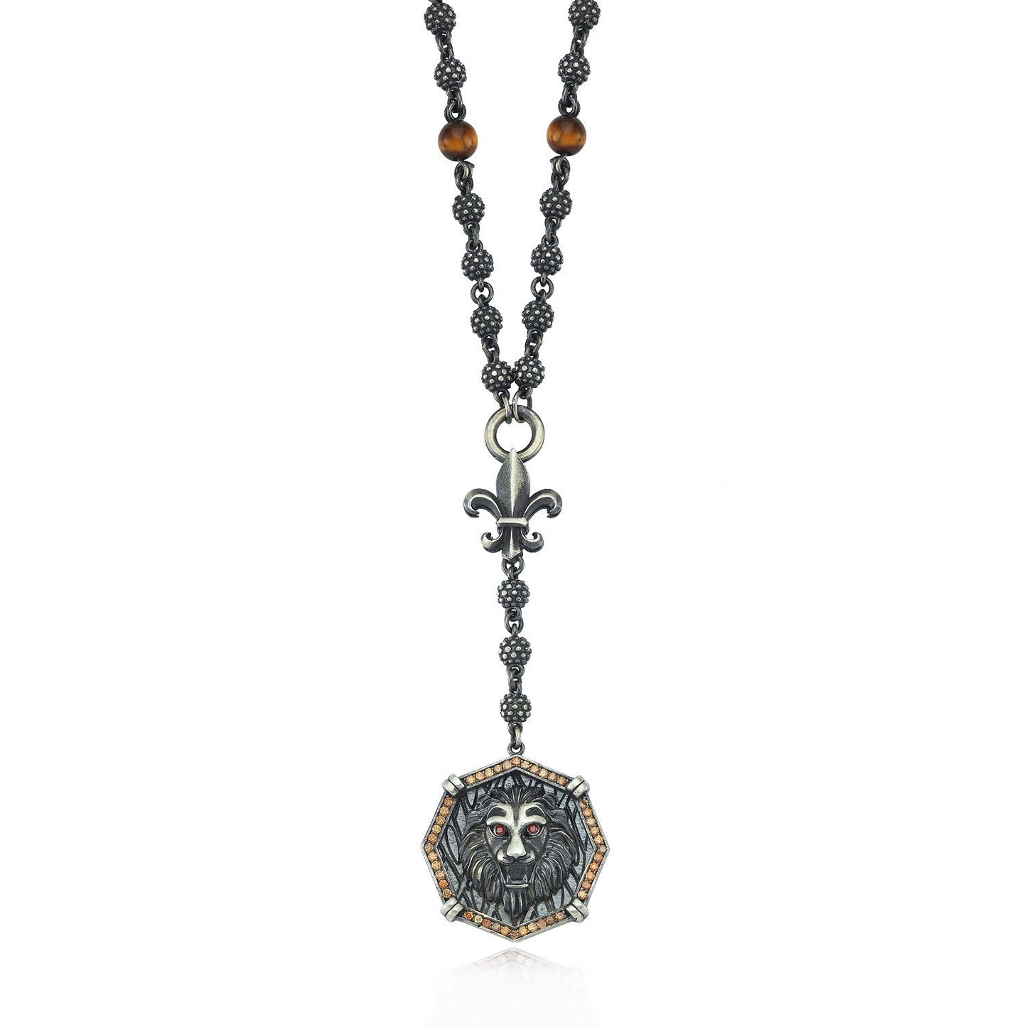 Gental Gems by Karat Kings | Unique Silver Balls & Natural Tiger Eye Beaded Chain Necklace with Lion Head | 925 Sterling Silver Oxidized Pendant with Fleur-de-lis Symbol Jewelry Authenticity and 925