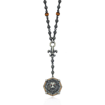 Gental Gems by Karat Kings | Unique Silver Balls & Natural Tiger Eye Beaded Chain Necklace with Lion Head | 925 Sterling Silver Oxidized Pendant with Fleur-de-lis Symbol Jewelry Authenticity and 925