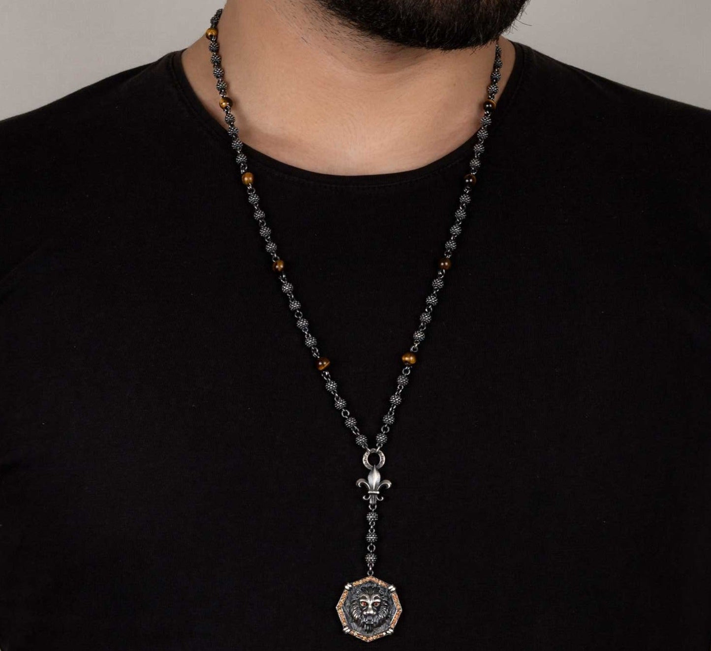 Gental Gems by Karat Kings | Unique Silver Balls & Natural Tiger Eye Beaded Chain Necklace with Lion Head | 925 Sterling Silver Oxidized Pendant with Fleur-de-lis Symbol Jewelry Authenticity and 925