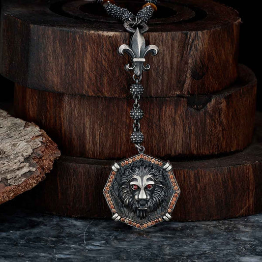 Gental Gems by Karat Kings | Unique Silver Balls & Natural Tiger Eye Beaded Chain Necklace with Lion Head |  Sterling Silver Oxidized Pendant with Fleur-de-lis Symbol | Men's Jewelry | With Certificate of Authenticity and  Hallmark