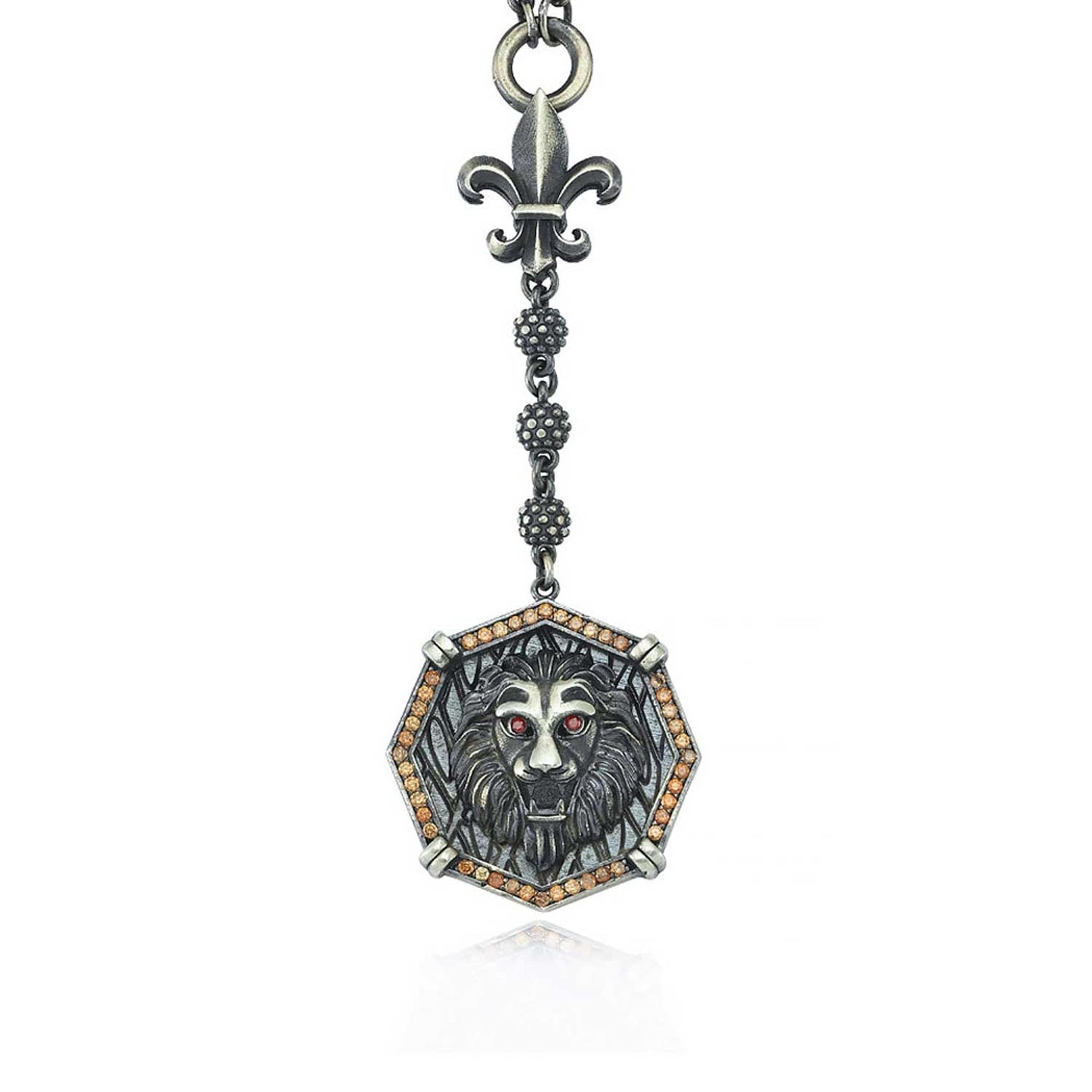 Gental Gems by Karat Kings | Unique Silver Balls & Natural Tiger Eye Beaded Chain Necklace with Lion Head |  Sterling Silver Oxidized Pendant with Fleur-de-lis Symbol | Men's Jewelry | With Certificate of Authenticity and  Hallmark