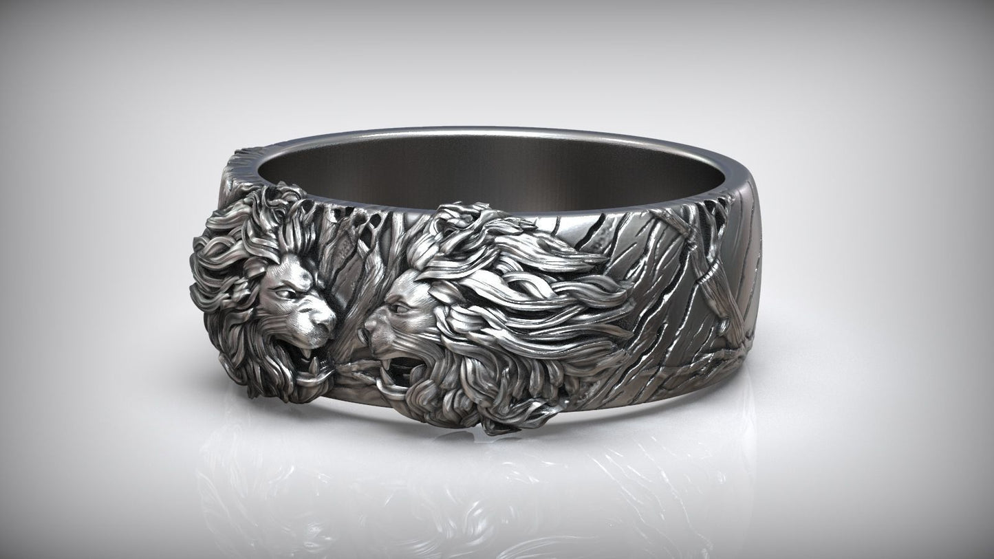 Gental Gems by Karat Kings | Unique Designed Band Ring with Lion |  Sterling Silver Oxidized Ring