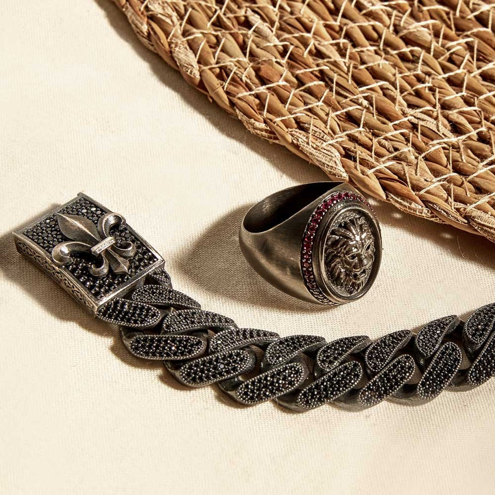 16mm Unique Fleur-De-Lis Black Iced Cuban Link Bracelet for Men | Dark Oxidized 925 Silver Bracelet | Men's Jewelry | With Certificate of Authenticity and 925 Hallmark