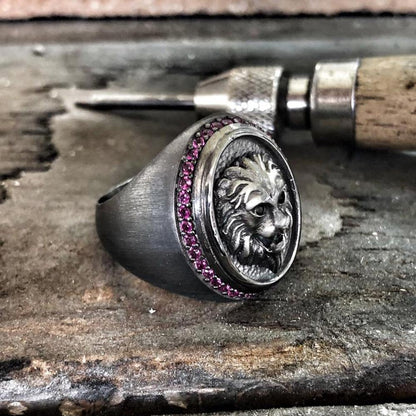Gental Gems by Karat Kings | Unique Handmade Turkish Style Lion Ring with Zircons |  Sterling Silver Oxidized Ring
