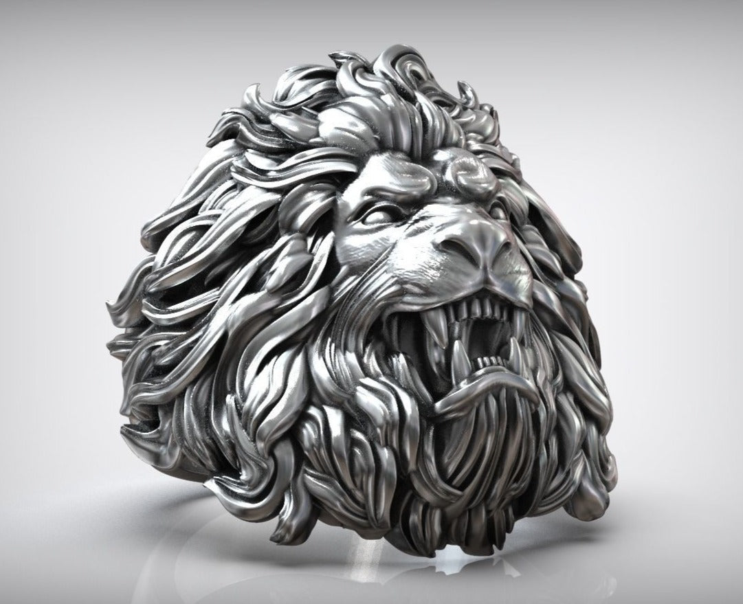 Gental Gems by Karat Kings | Unique Designed Ferocious Lion Ring |  Sterling Silver Oxidized Ring