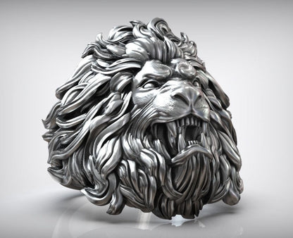 Gental Gems by Karat Kings | Unique Designed Ferocious Lion Ring |  Sterling Silver Oxidized Ring