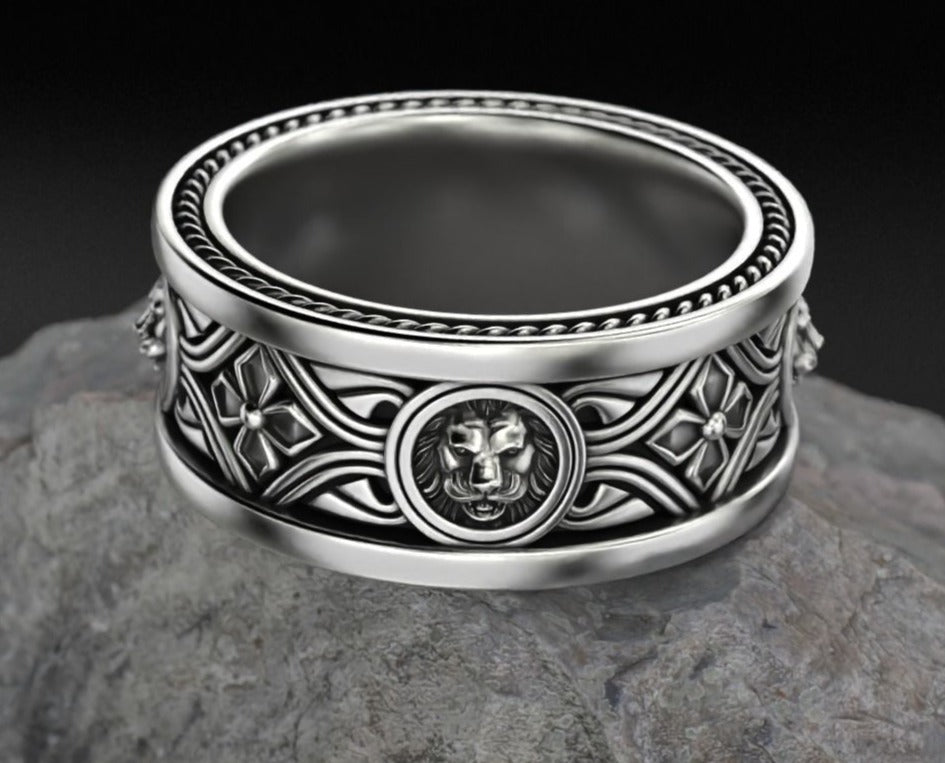 Gental Gems by Karat Kings | Unique Designed Band Ring with Lion |  Sterling Silver Oxidized Ring