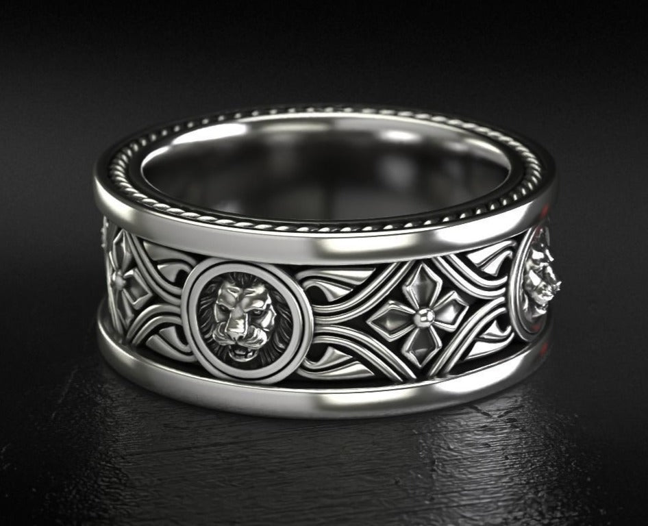 Gental Gems by Karat Kings | Unique Designed Band Ring with Lion |  Sterling Silver Oxidized Ring