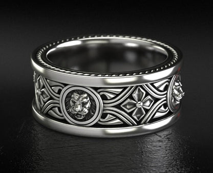 Gental Gems by Karat Kings | Unique Designed Band Ring with Lion |  Sterling Silver Oxidized Ring