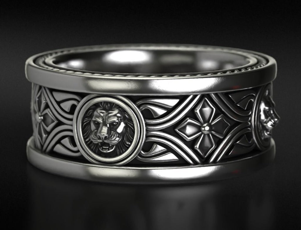 Gental Gems by Karat Kings | Unique Designed Band Ring with Lion |  Sterling Silver Oxidized Ring