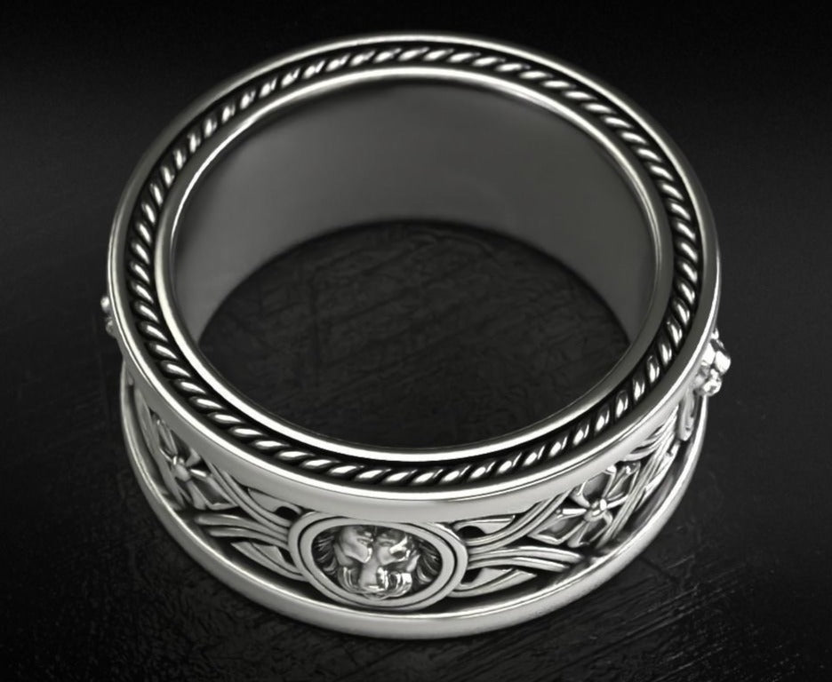 Gental Gems by Karat Kings | Unique Designed Band Ring with Lion |  Sterling Silver Oxidized Ring