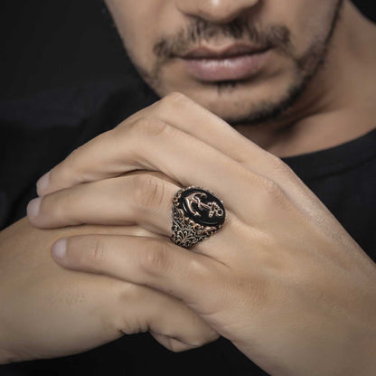 Gental Gems by Karat Kings | Unique Handmade Turkish Style Sailor's Anchor Ring with Natural Black Onyx |  Sterling Silver Oxidized Ring