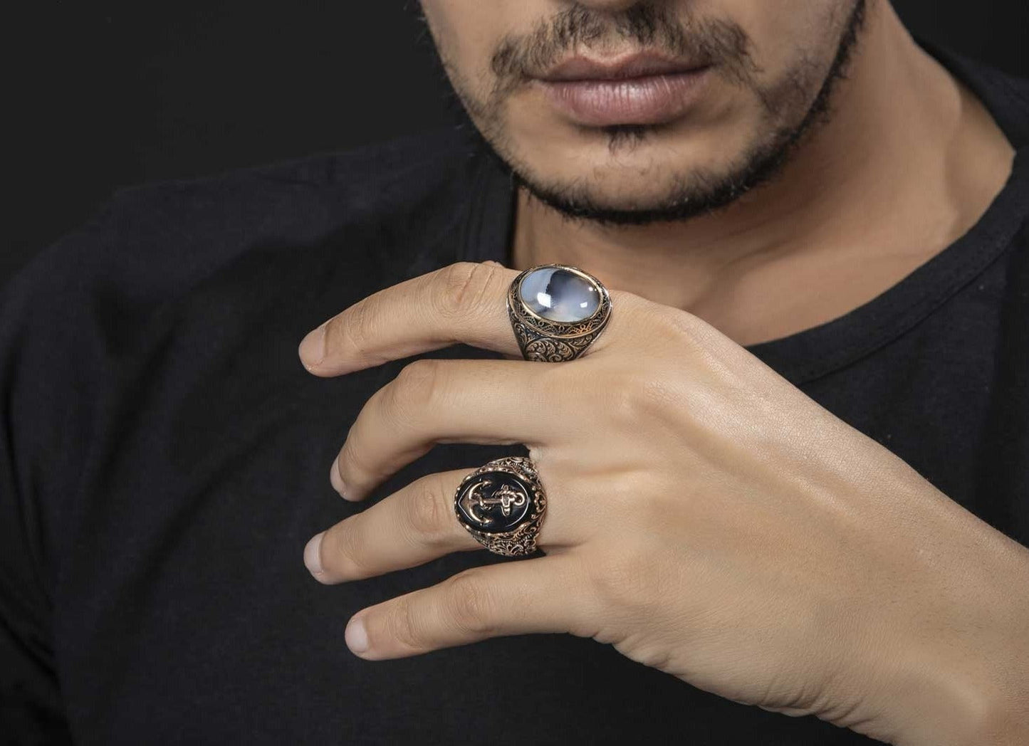 Gental Gems by Karat Kings | Unique Handmade Turkish Style Sailor's Anchor Ring with Natural Black Onyx |  Sterling Silver Oxidized Ring