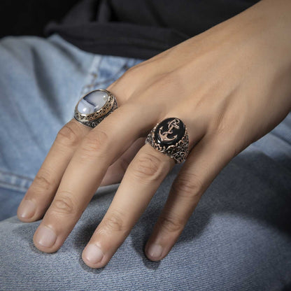 Gental Gems by Karat Kings | Unique Handmade Turkish Style Sailor's Anchor Ring with Natural Black Onyx |  Sterling Silver Oxidized Ring