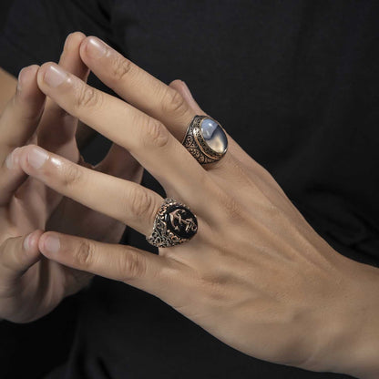 Gental Gems by Karat Kings | Unique Handmade Turkish Style Sailor's Anchor Ring with Natural Black Onyx |  Sterling Silver Oxidized Ring