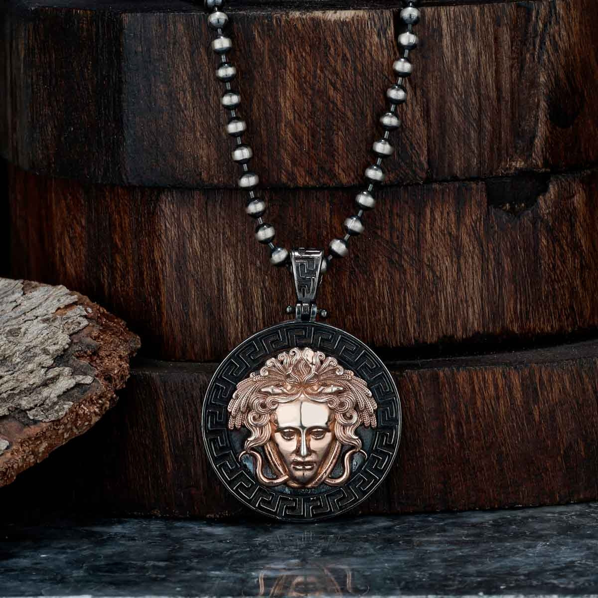 Gental Gems by Karat Kings | Unique Designed Medusa/ Versace Pendant |  Sterling Silver Rosegold Plated Oxidized Pendant | Men's Jewelry | With Certificate of Authenticity and  Hallmark