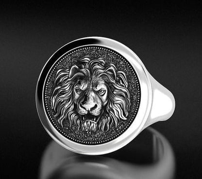 Gental Gems by Karat Kings | Unique Designed Lion Signet Ring |  Sterling Silver Oxidized Ring