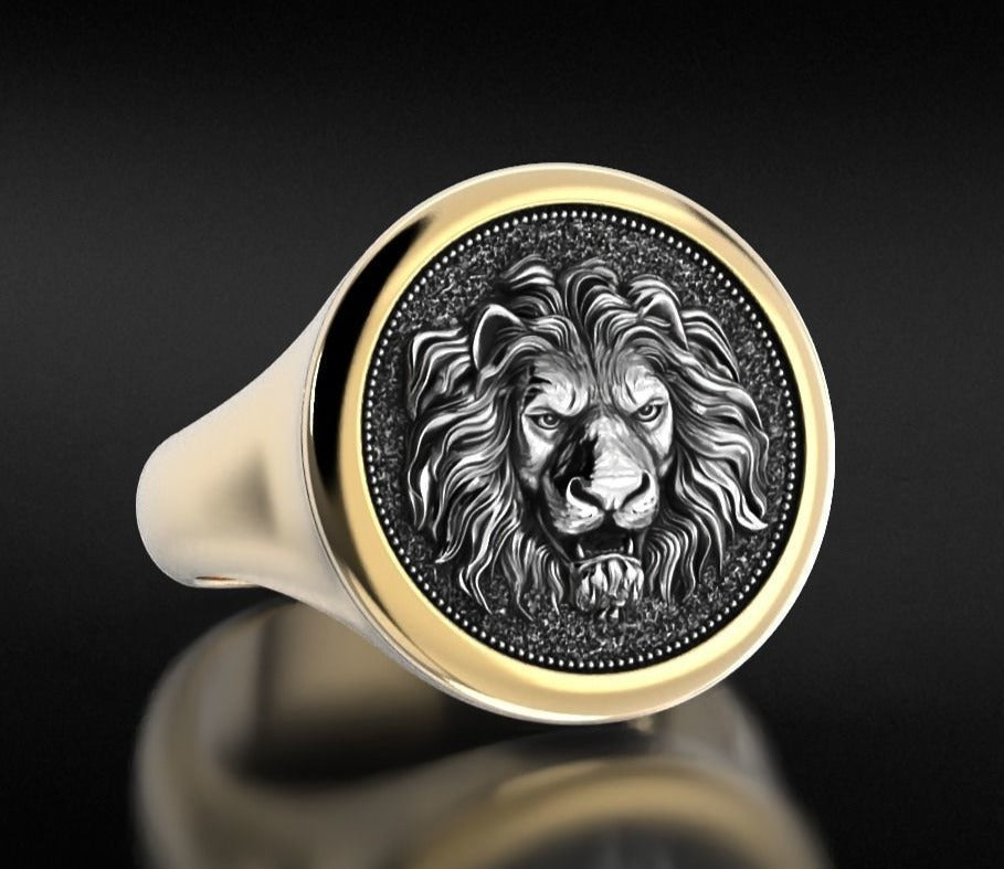 Gental Gems by Karat Kings | Unique Designed Lion Signet Ring |  Sterling Silver Oxidized Ring