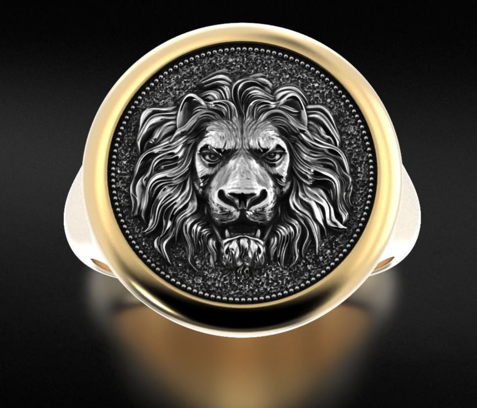 Gental Gems by Karat Kings | Unique Designed Lion Signet Ring |  Sterling Silver Oxidized Ring