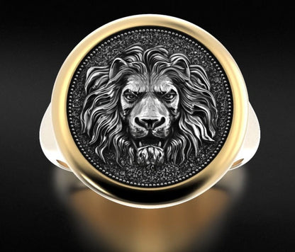 Gental Gems by Karat Kings | Unique Designed Lion Signet Ring |  Sterling Silver Oxidized Ring