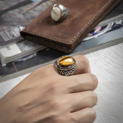 Gental Gems by Karat Kings | Unique Turkish Style Ring with Natural Tiger Eye |  Sterling Silver Oxidized Ring | Men's Jewelry | With Certificate of Authenticity and  Hallmark
