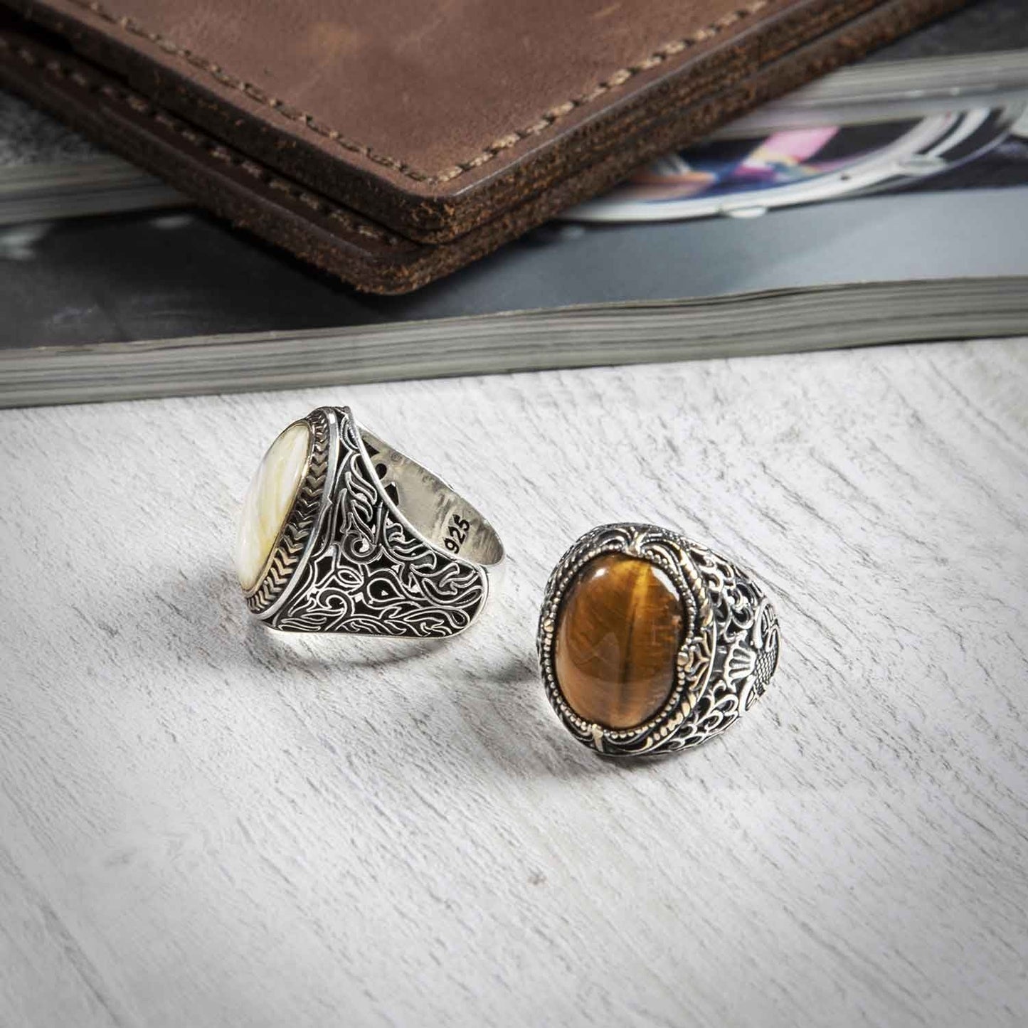 Gental Gems by Karat Kings | Unique Turkish Style Ring with Natural Tiger Eye |  Sterling Silver Oxidized Ring | Men's Jewelry | With Certificate of Authenticity and  Hallmark