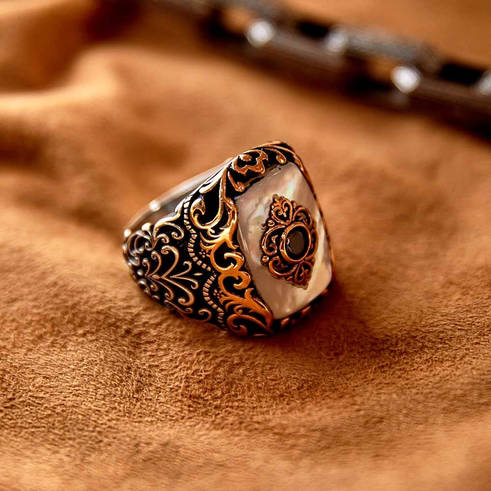 Gental Gems by Karat Kings | Unique Turkish Style Ring with Natural Pearl |  Sterling Silver Oxidized Ring