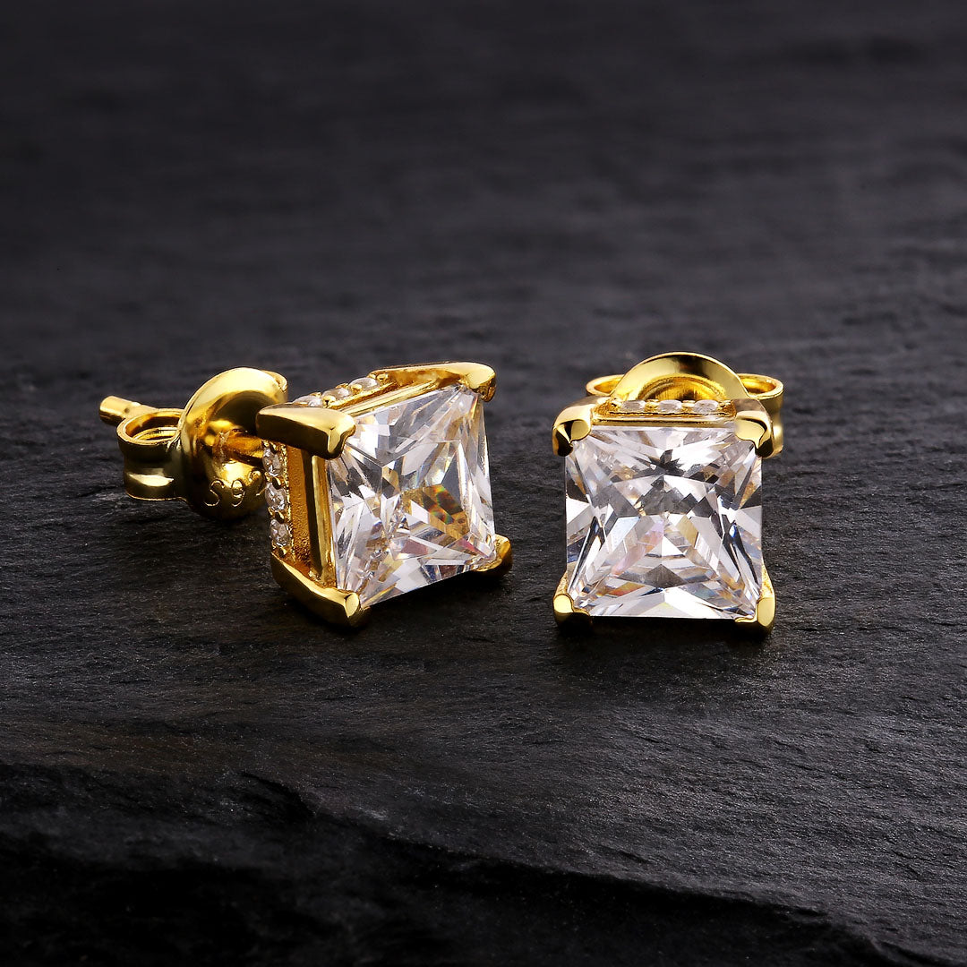 Gental Gems by Karat Kings | Princess Cut Diamond Stud Earrings for Men | AAA+ Quality Swarovski Diamond & White Rhodium &  Gold Plated  Sterling Silver Earrings | Jewellery for Men| With Certificate of Authenticity and  Hallmark