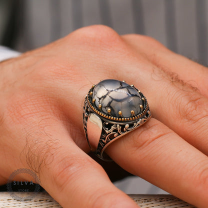 Turkish Handmade Grayish Agate Black Luxury Vintage Aqeeq Ring