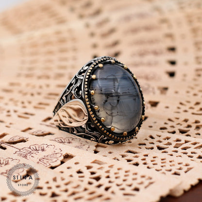 Turkish Handmade Grayish Agate Black Luxury Vintage Aqeeq Ring