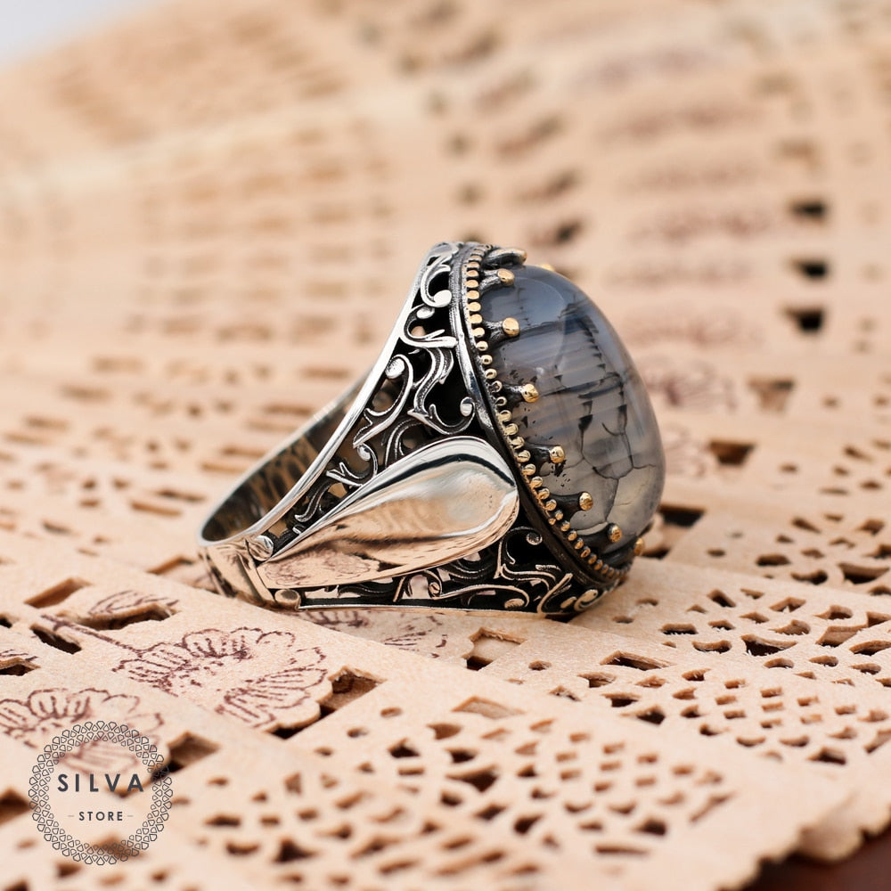 Turkish Handmade Grayish Agate Black Luxury Vintage Aqeeq Ring