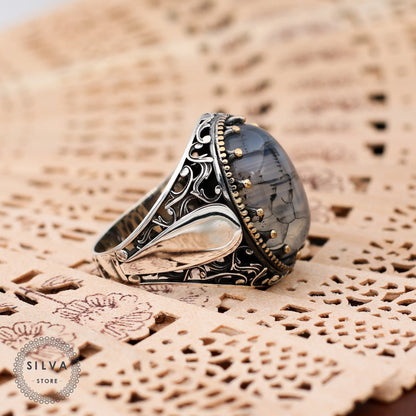 Turkish Handmade Grayish Agate Black Luxury Vintage Aqeeq Ring