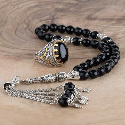 Islamic Onyx Silver Ring With Onyx Rosary