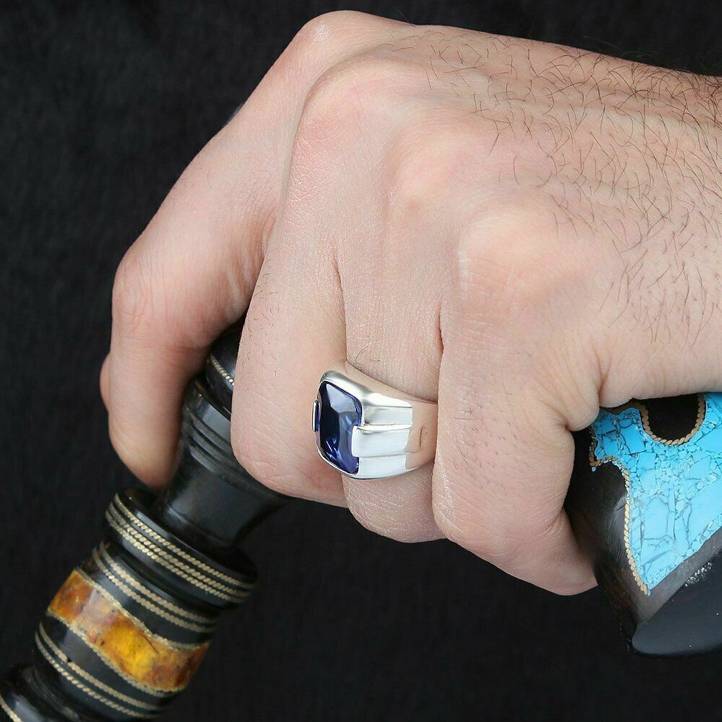 Turkish Blue Zircon Handmade Men's Ring