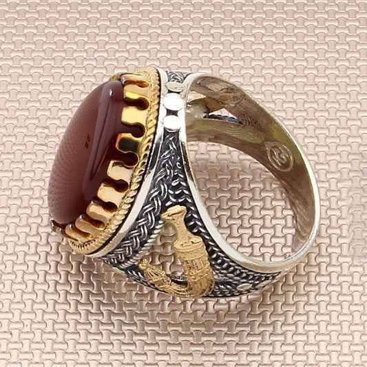 Yemeni Aqeeq stone silver Ring for men, Islamic Ring Turkish Agate Handmade Exclusive Design