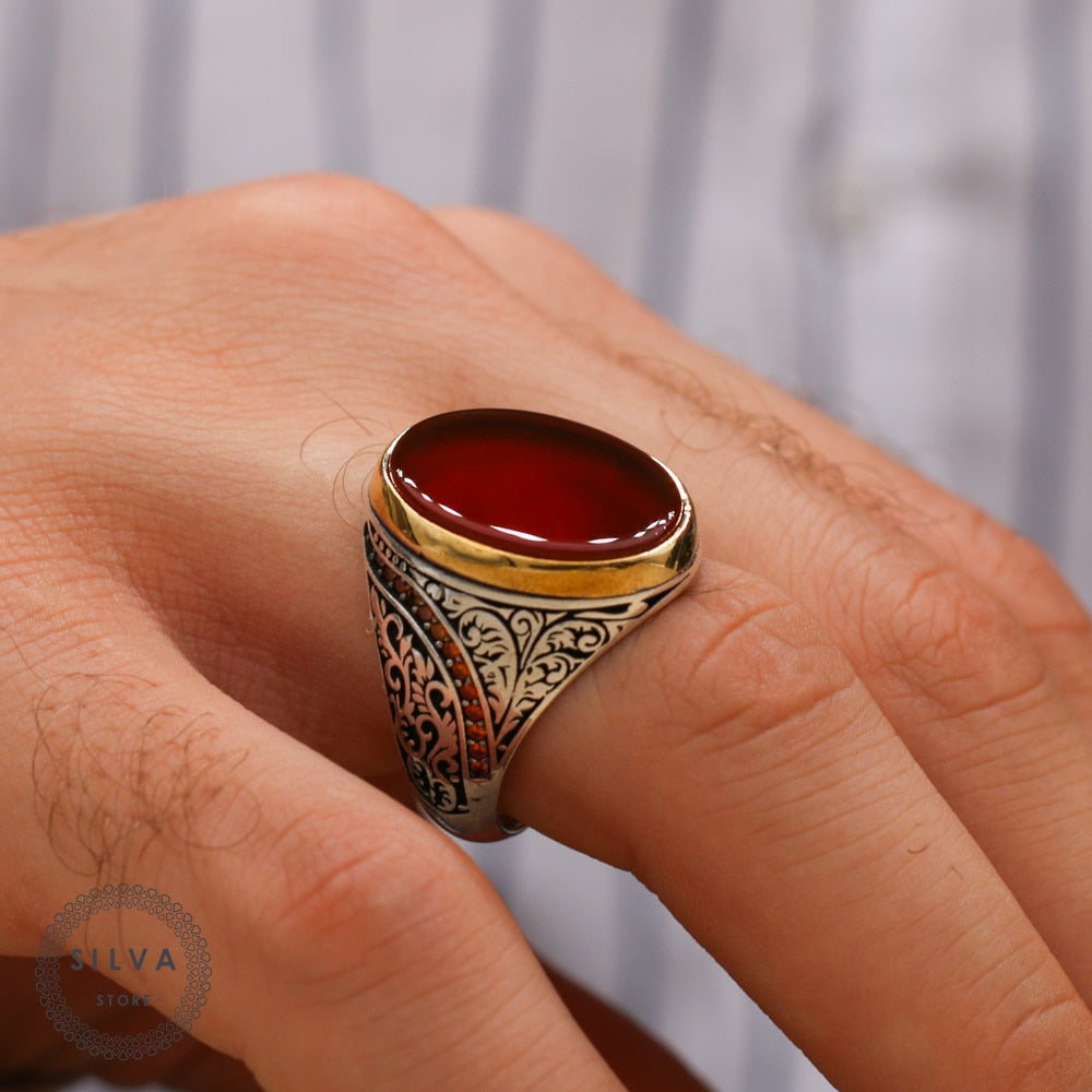 Turkish Handmade Red Agate Golden Luxury Aqeeq Ring