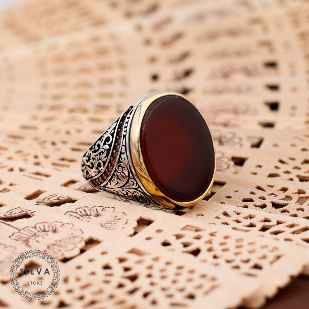 Turkish Handmade Red Agate Golden Luxury Aqeeq Ring