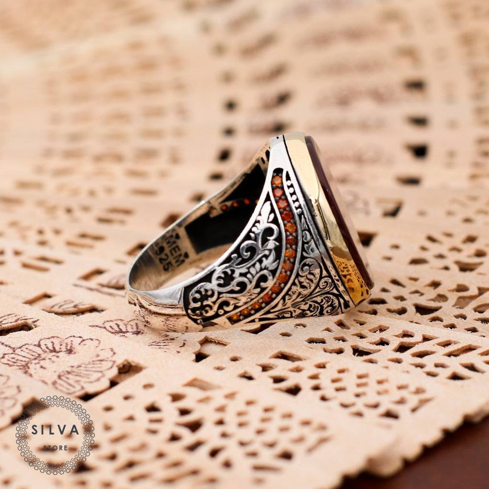 Turkish Handmade Red Agate Golden Luxury Aqeeq Ring