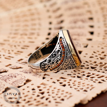 Turkish Handmade Red Agate Golden Luxury Aqeeq Ring