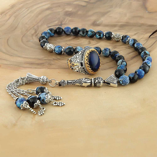 Turkish Agate Stone Handmade Silver Ring With Tasbih Set