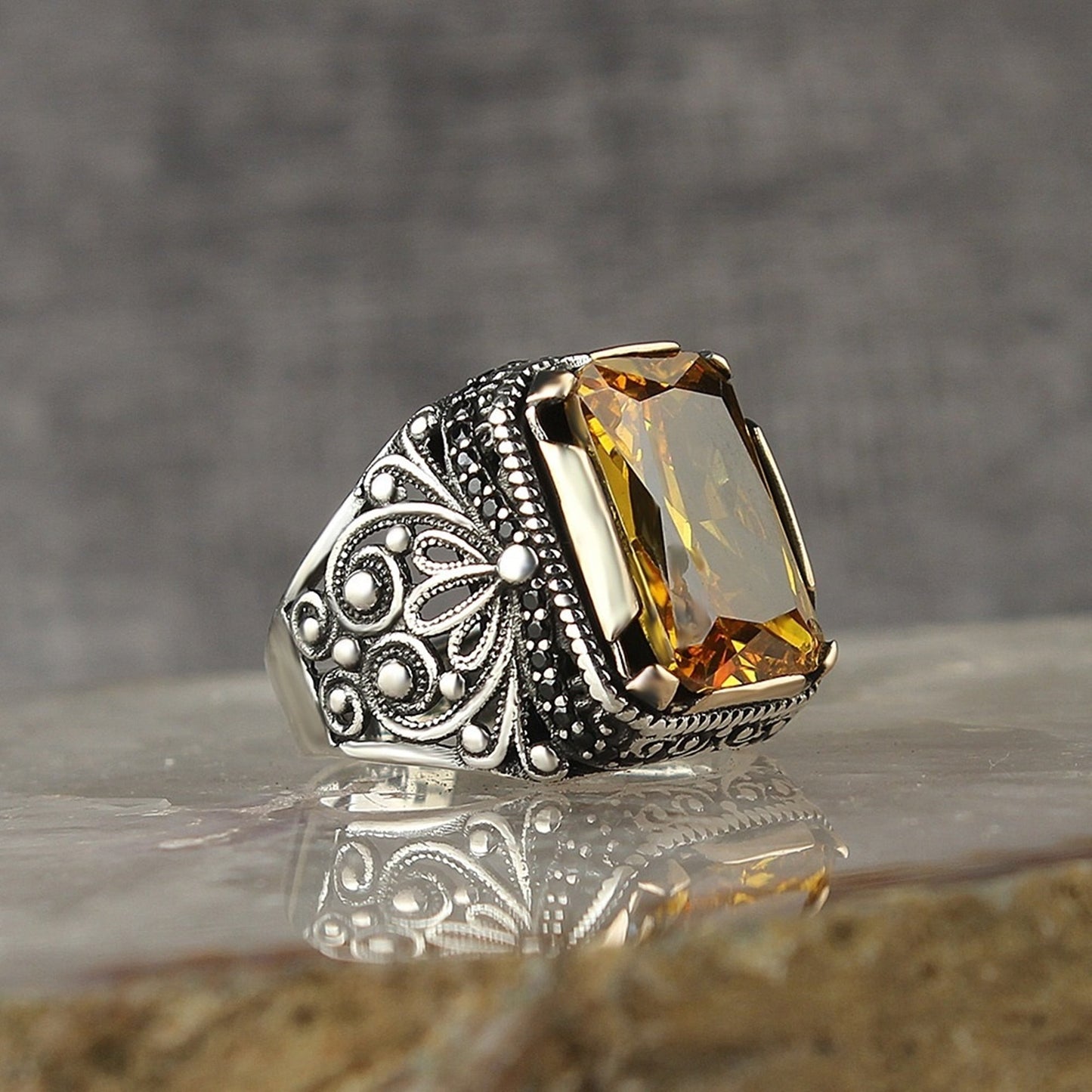 Turkish Citrine Stone Fancy Sliver Men Ring Limited Edition HandmadeDesign