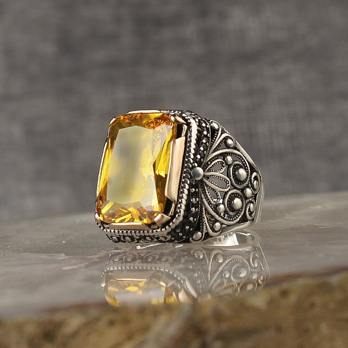 Turkish Citrine Stone Fancy Sliver Men Ring Limited Edition HandmadeDesign