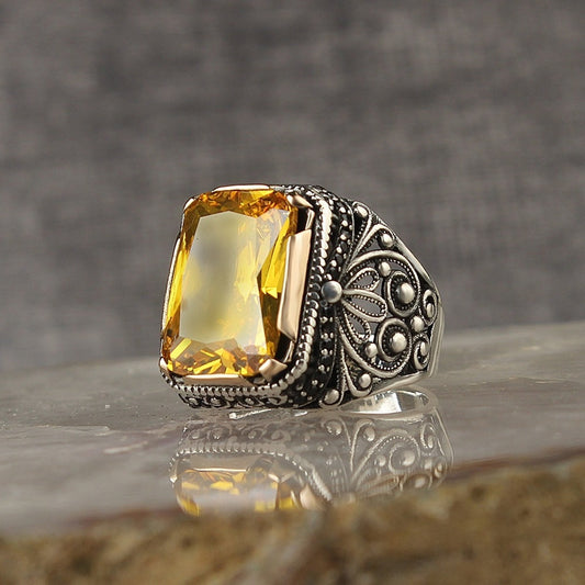 Turkish Citrine Stone Fancy Sliver Men Ring Limited Edition HandmadeDesign