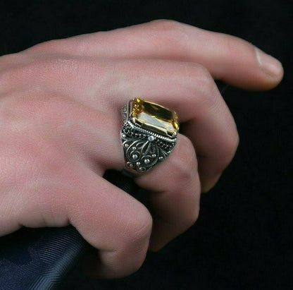 Turkish Citrine Stone Fancy Sliver Men Ring Limited Edition HandmadeDesign