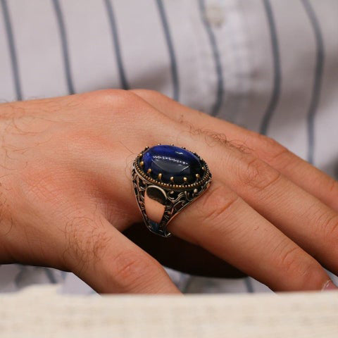 Turkish Handmade Dark Blue Agate Silver Luxury Aqeeq Ring