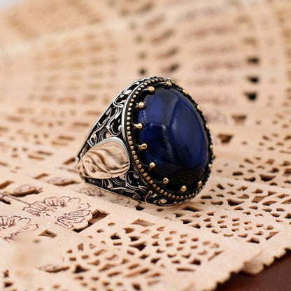 Turkish Handmade Dark Blue Agate Silver Luxury Aqeeq Ring