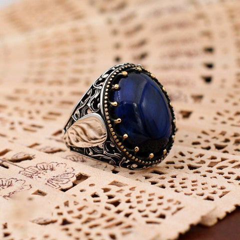 Turkish Handmade Dark Blue Agate Silver Luxury Aqeeq Ring